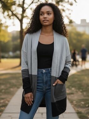 🫶🏻 52Seven Cozy Gray Block-Stripe Open Cardigan Sweater